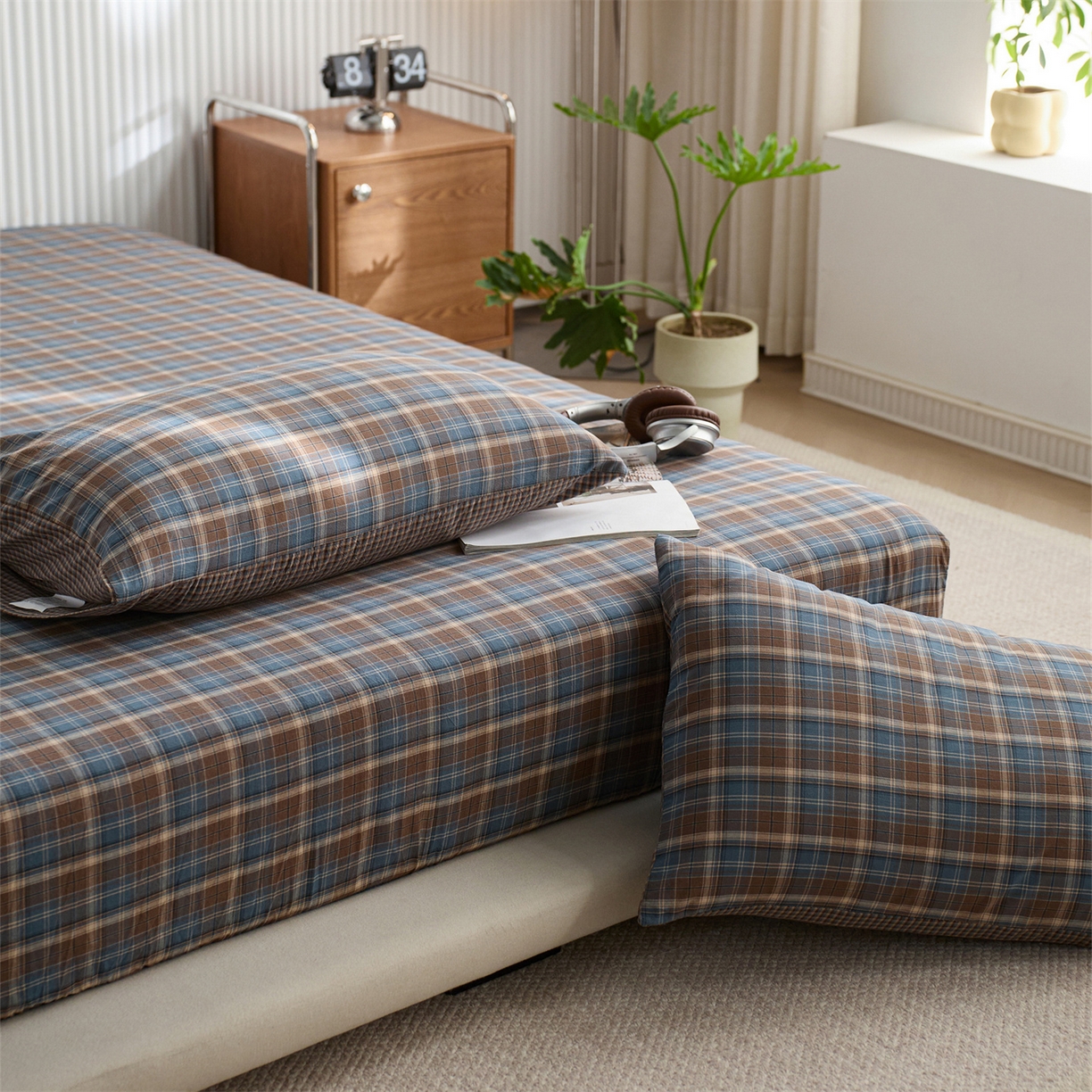 91家纺网 家纺一手货源 找家纺 启程家纺 2026新款纯棉水洗棉复古大格系列多规格纯棉床笠 苏格兰蓝大格