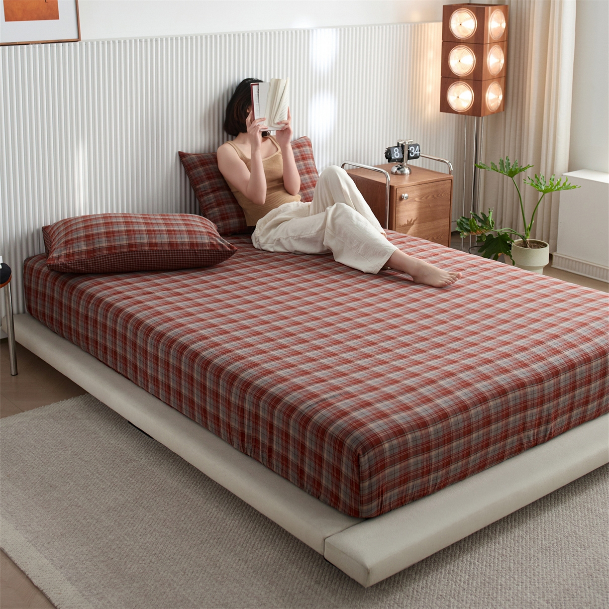 91家纺网 家纺一手货源 找家纺 启程家纺 2026新款纯棉水洗棉复古大格系列多规格纯棉床笠 苏格兰红大格