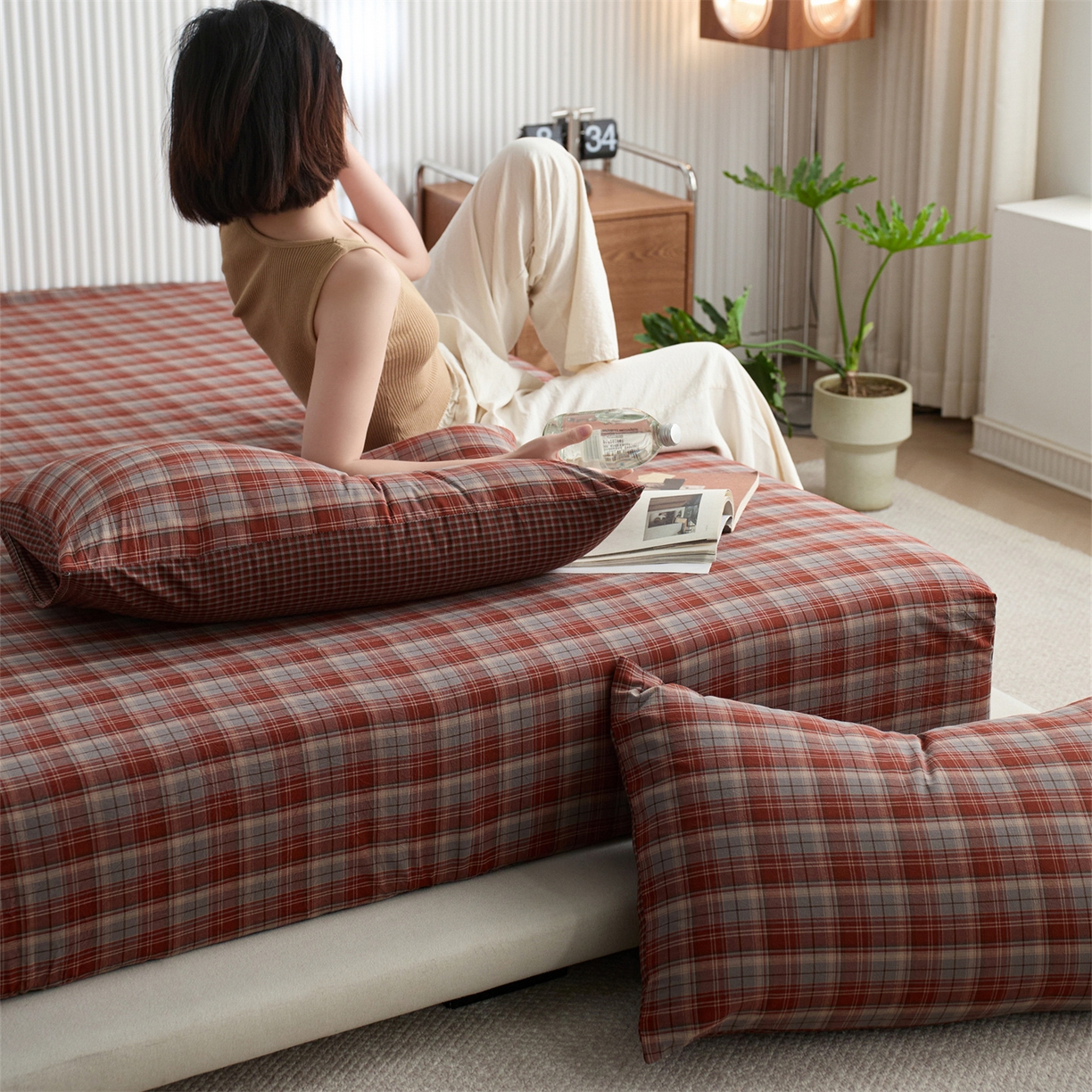 91家纺网 家纺一手货源 找家纺 启程家纺 2026新款纯棉水洗棉复古大格系列多规格纯棉床笠 苏格兰红大格