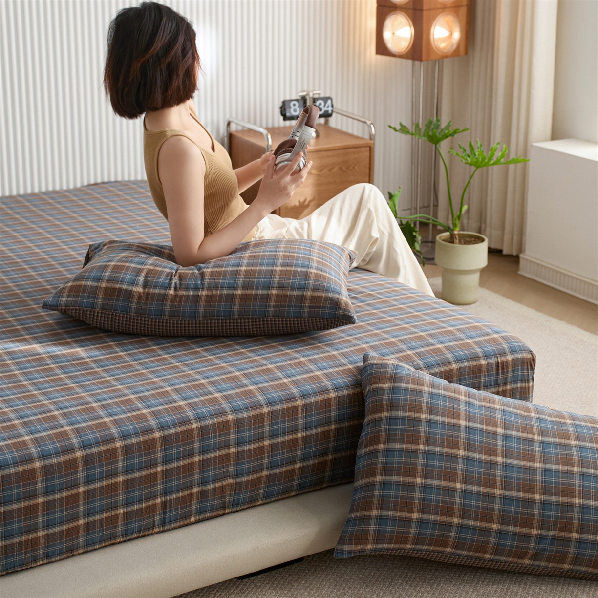 91家纺网 家纺一手货源 找家纺 启程家纺 2026新款纯棉水洗棉复古大格系列多规格纯棉床笠 苏格兰蓝大格