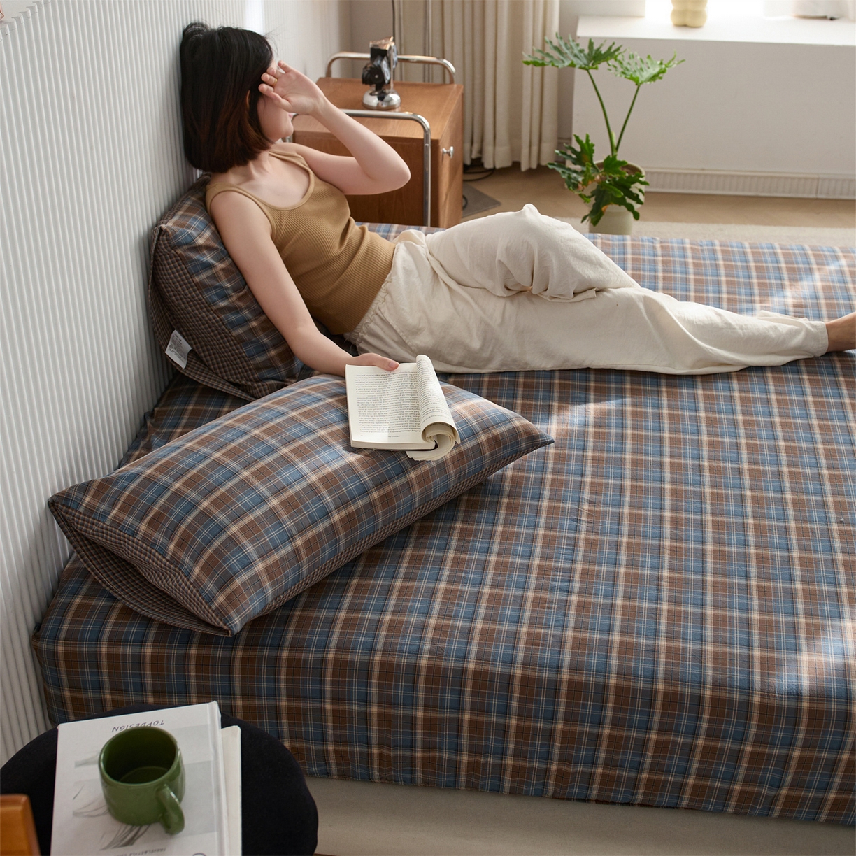 91家纺网 家纺一手货源 找家纺 启程家纺 2026新款纯棉水洗棉复古大格系列多规格纯棉床笠 苏格兰蓝大格