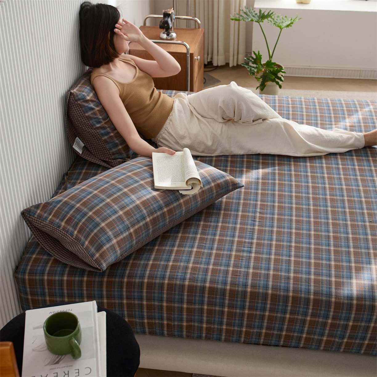 91家纺网 家纺一手货源 找家纺 启程家纺 2026新款纯棉水洗棉复古大格系列多规格纯棉床笠 苏格兰蓝大格