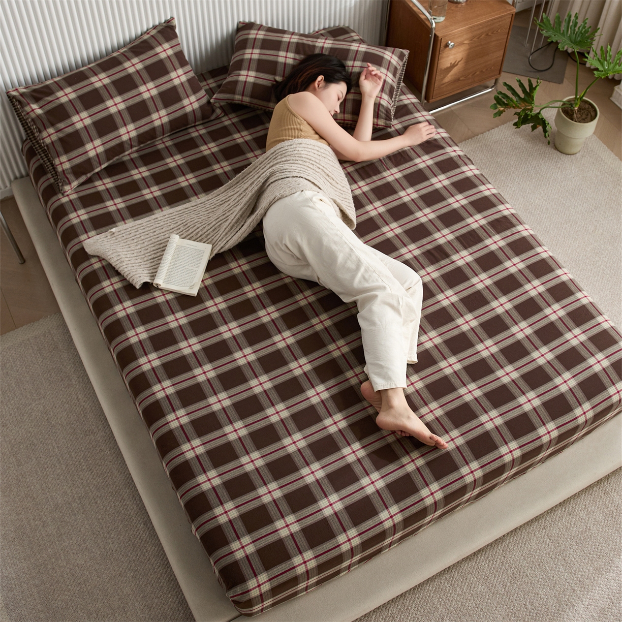 91家纺网 家纺一手货源 找家纺 启程家纺 2026新款纯棉水洗棉复古大格系列多规格纯棉床笠 摩登大咖