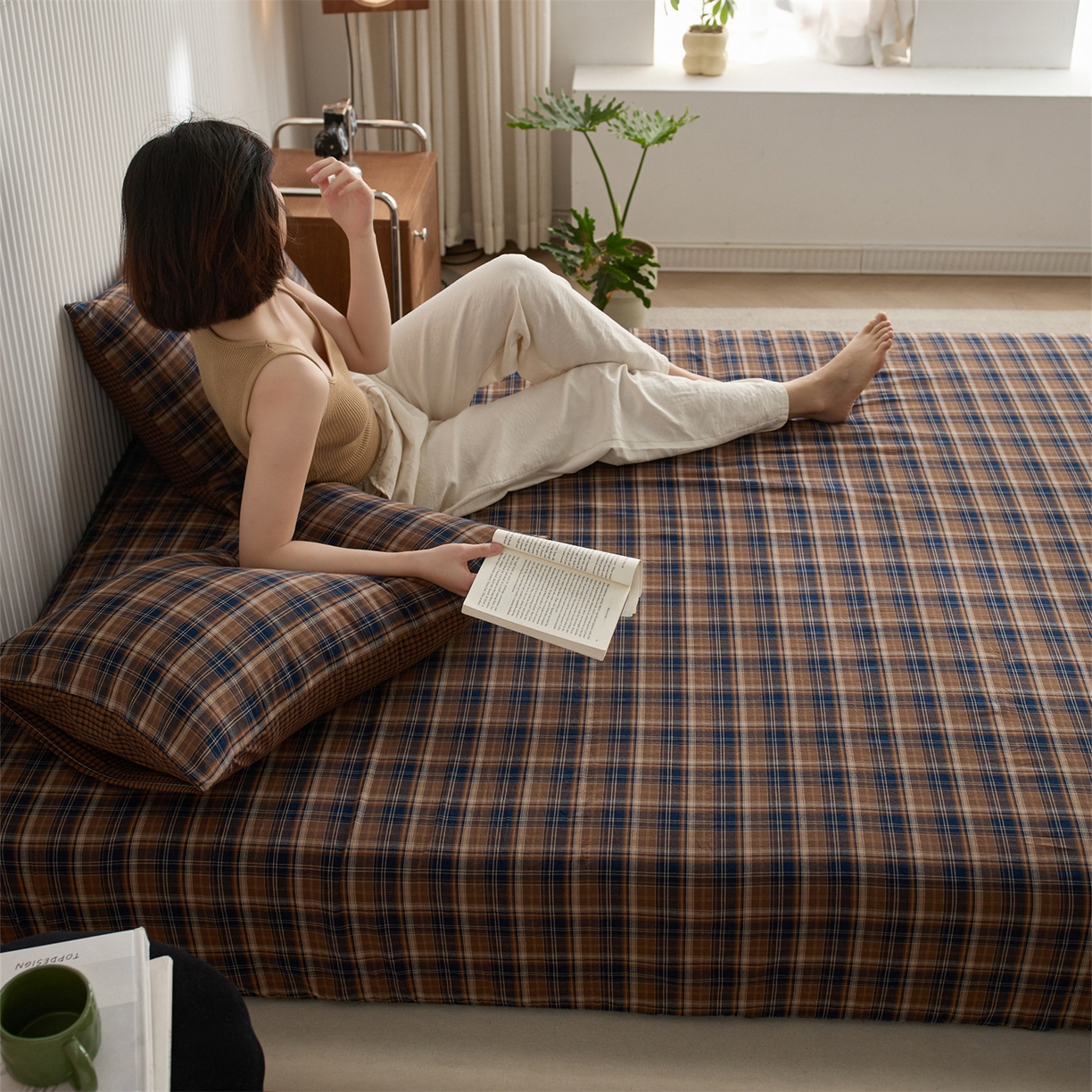 91家纺网 家纺一手货源 找家纺 启程家纺 2026新款纯棉水洗棉复古大格系列多规格纯棉床笠 苏格兰藏蓝大格