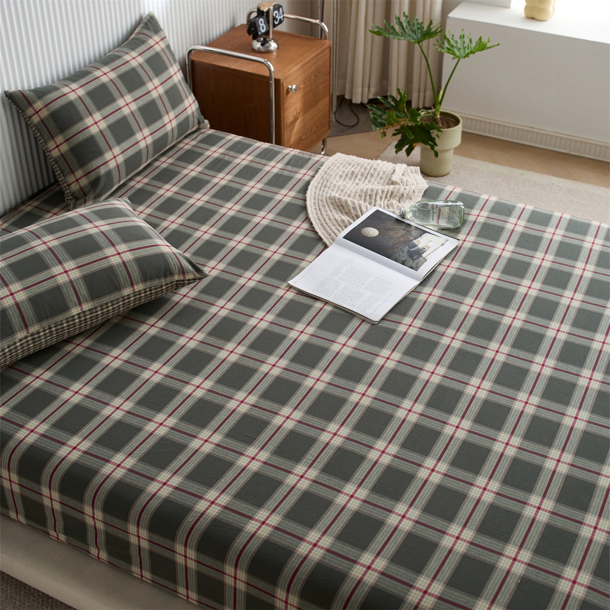 91家纺网 家纺一手货源 找家纺 启程家纺 2026新款纯棉水洗棉复古大格系列多规格纯棉床笠 摩登大绿