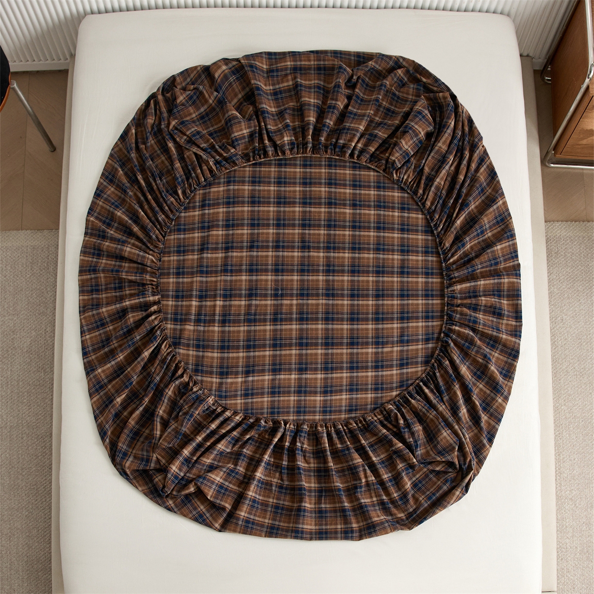 91家纺网 家纺一手货源 找家纺 启程家纺 2026新款纯棉水洗棉复古大格系列多规格纯棉床笠 苏格兰藏蓝大格