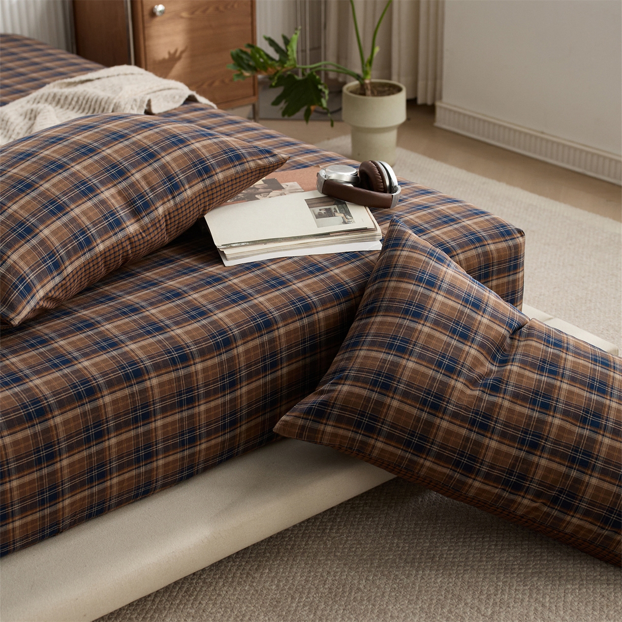 91家纺网 家纺一手货源 找家纺 启程家纺 2026新款纯棉水洗棉复古大格系列多规格纯棉床笠 苏格兰藏蓝大格