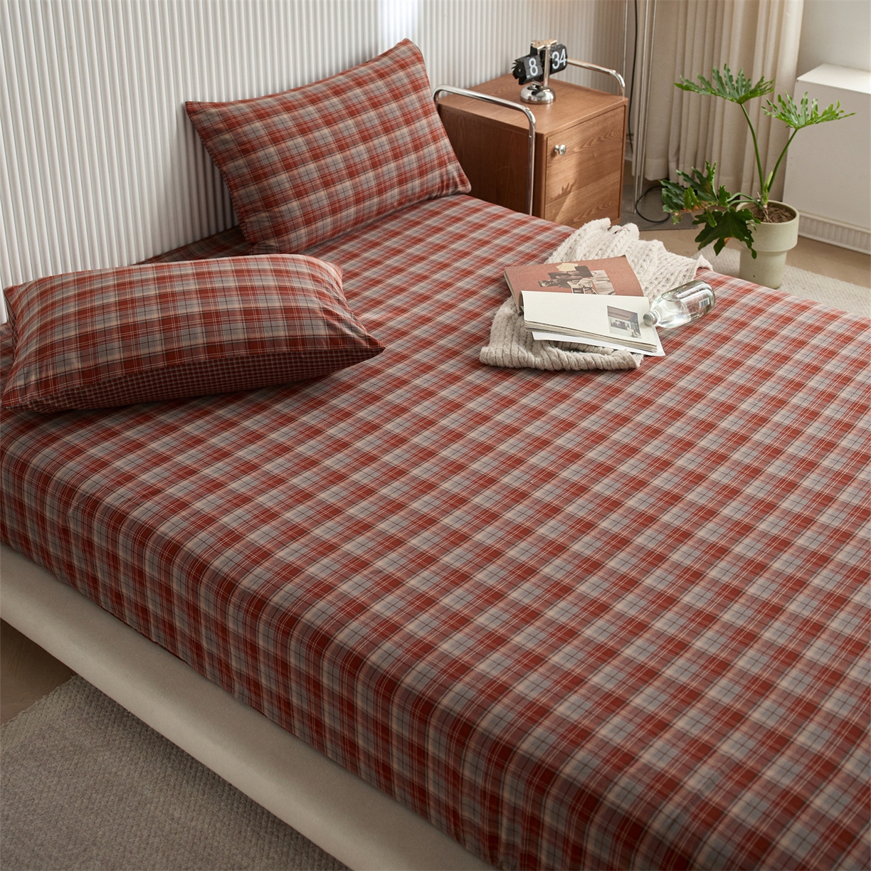 91家纺网 家纺一手货源 找家纺 启程家纺 2026新款纯棉水洗棉复古大格系列多规格纯棉床笠 苏格兰红大格