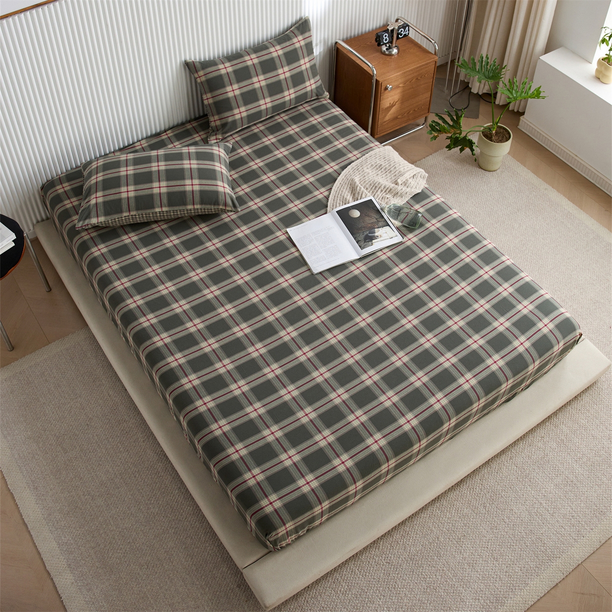 91家纺网 家纺一手货源 找家纺 启程家纺 2026新款纯棉水洗棉复古大格系列多规格纯棉床笠 摩登大绿