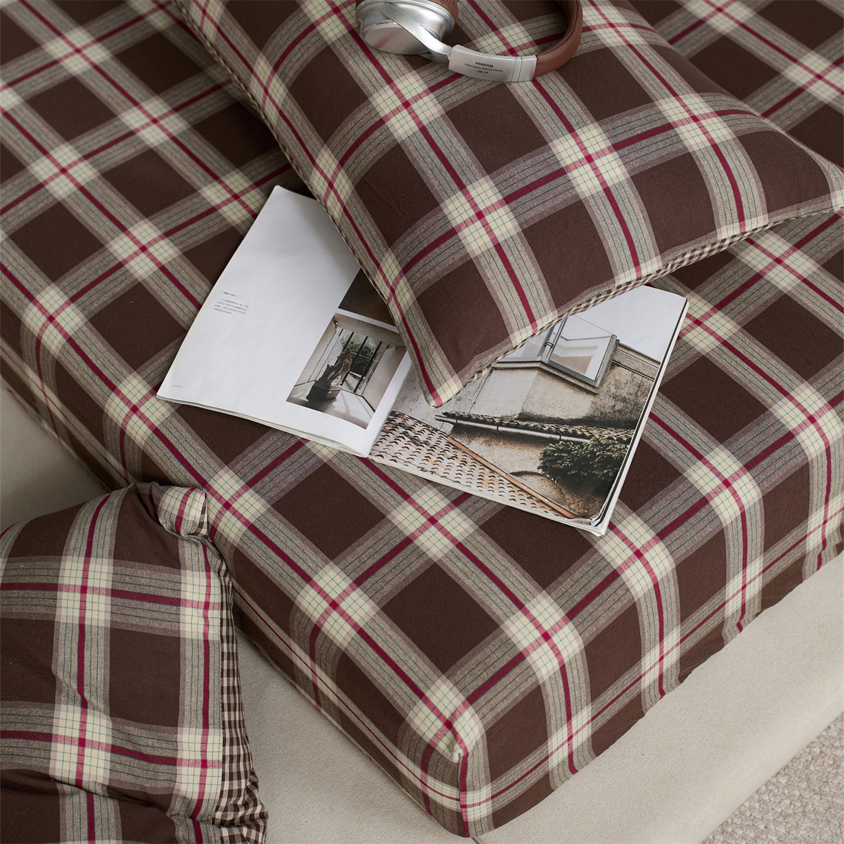 91家纺网 家纺一手货源 找家纺 启程家纺 2026新款纯棉水洗棉复古大格系列多规格纯棉床笠 摩登大咖