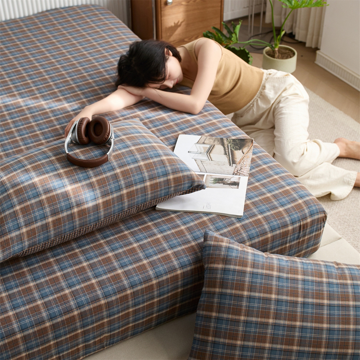 91家纺网 家纺一手货源 找家纺 启程家纺 2026新款纯棉水洗棉复古大格系列多规格纯棉床笠 苏格兰蓝大格