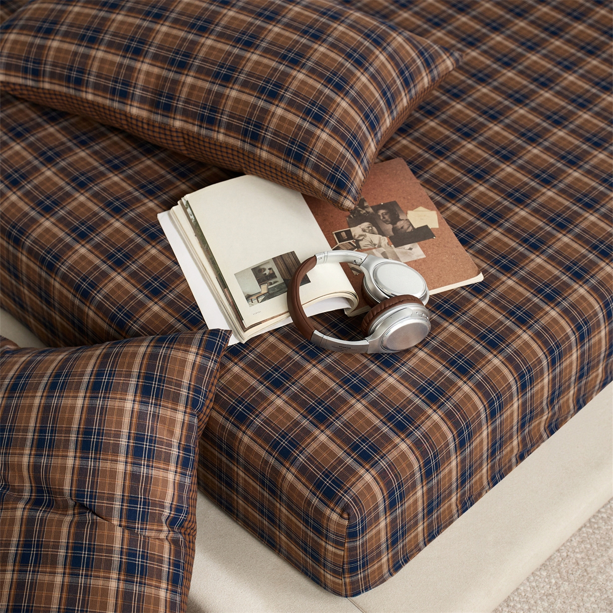 91家纺网 家纺一手货源 找家纺 启程家纺 2026新款纯棉水洗棉复古大格系列多规格纯棉床笠 苏格兰藏蓝大格