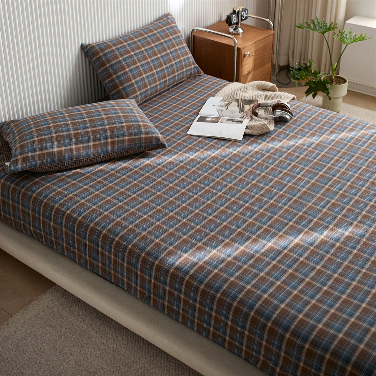 91家纺网 家纺一手货源 找家纺 启程家纺 2026新款纯棉水洗棉复古大格系列多规格纯棉床笠 苏格兰蓝大格