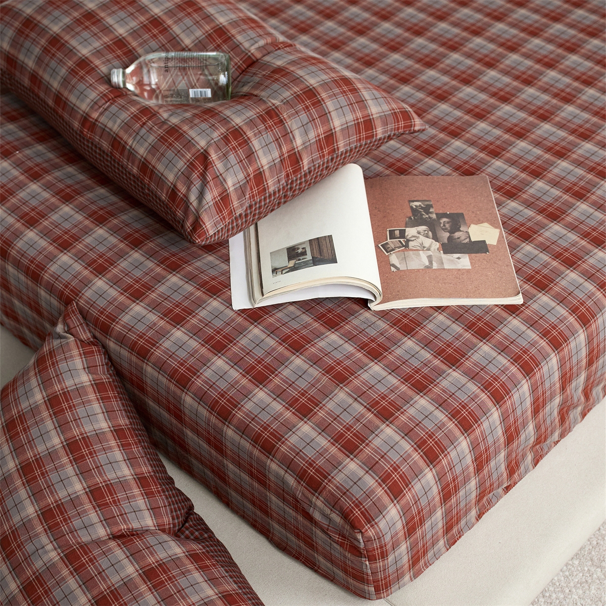 91家纺网 家纺一手货源 找家纺 启程家纺 2026新款纯棉水洗棉复古大格系列多规格纯棉床笠 苏格兰红大格