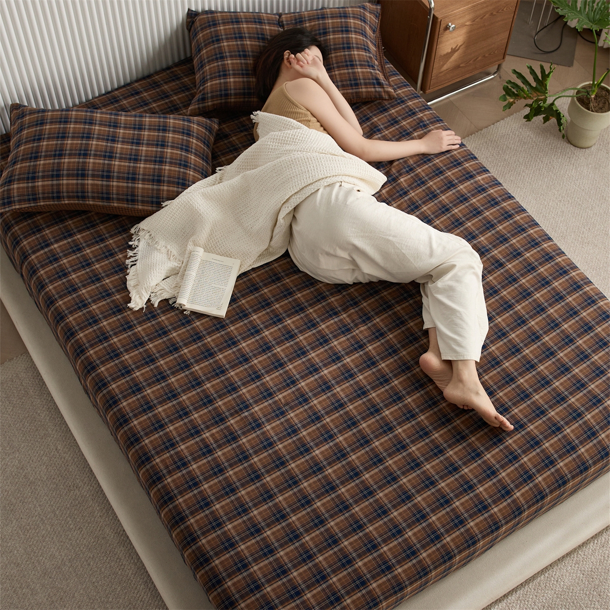 91家纺网 家纺一手货源 找家纺 启程家纺 2026新款纯棉水洗棉复古大格系列多规格纯棉床笠 苏格兰藏蓝大格