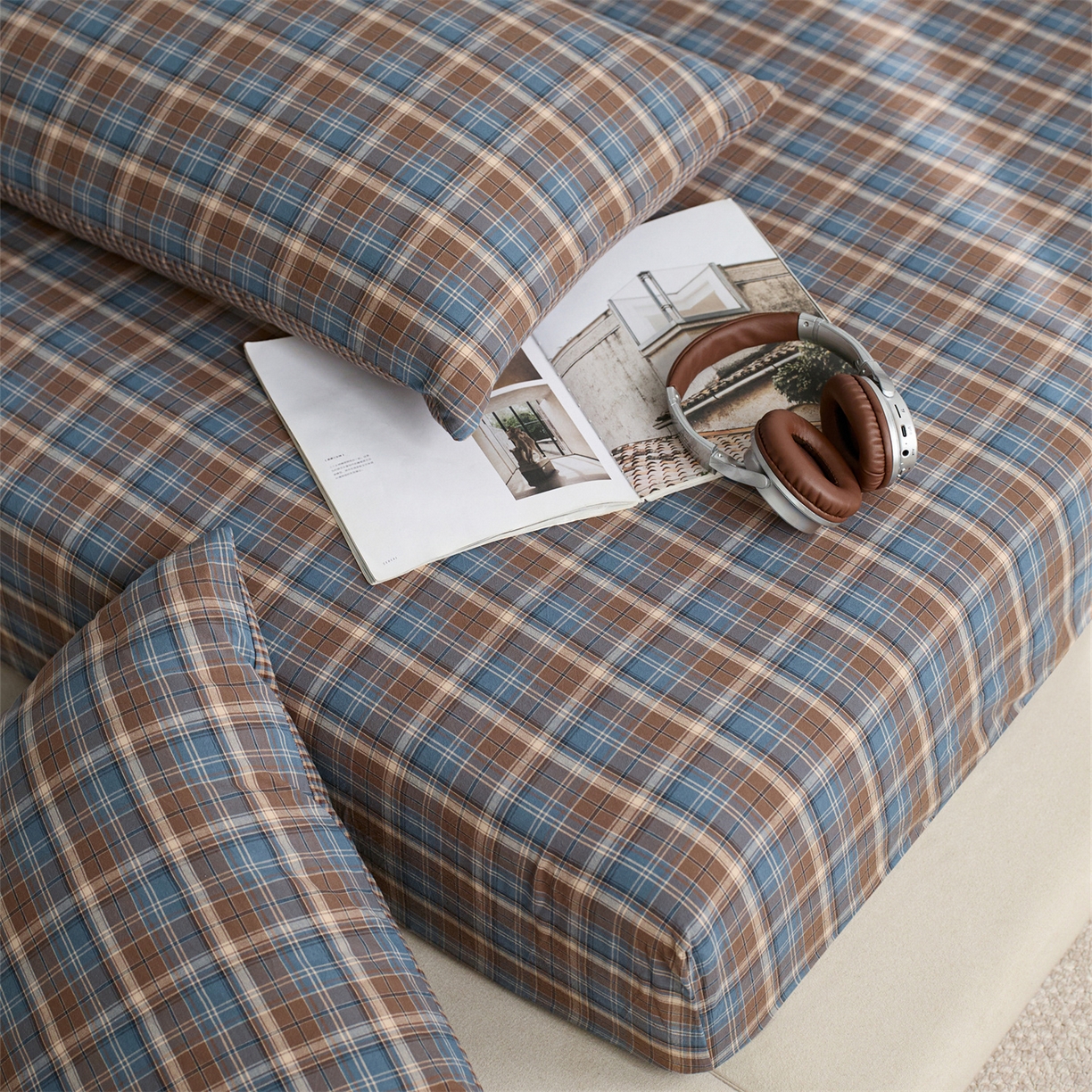 91家纺网 家纺一手货源 找家纺 启程家纺 2026新款纯棉水洗棉复古大格系列多规格纯棉床笠 苏格兰蓝大格