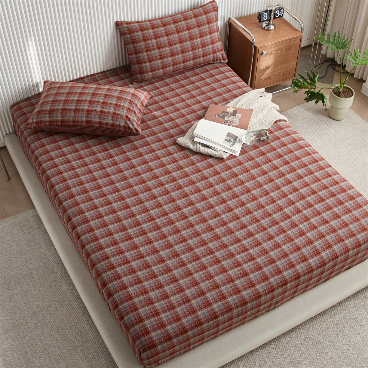 91家纺网 家纺一手货源 找家纺 启程家纺 2026新款纯棉水洗棉复古大格系列多规格纯棉床笠 苏格兰红大格