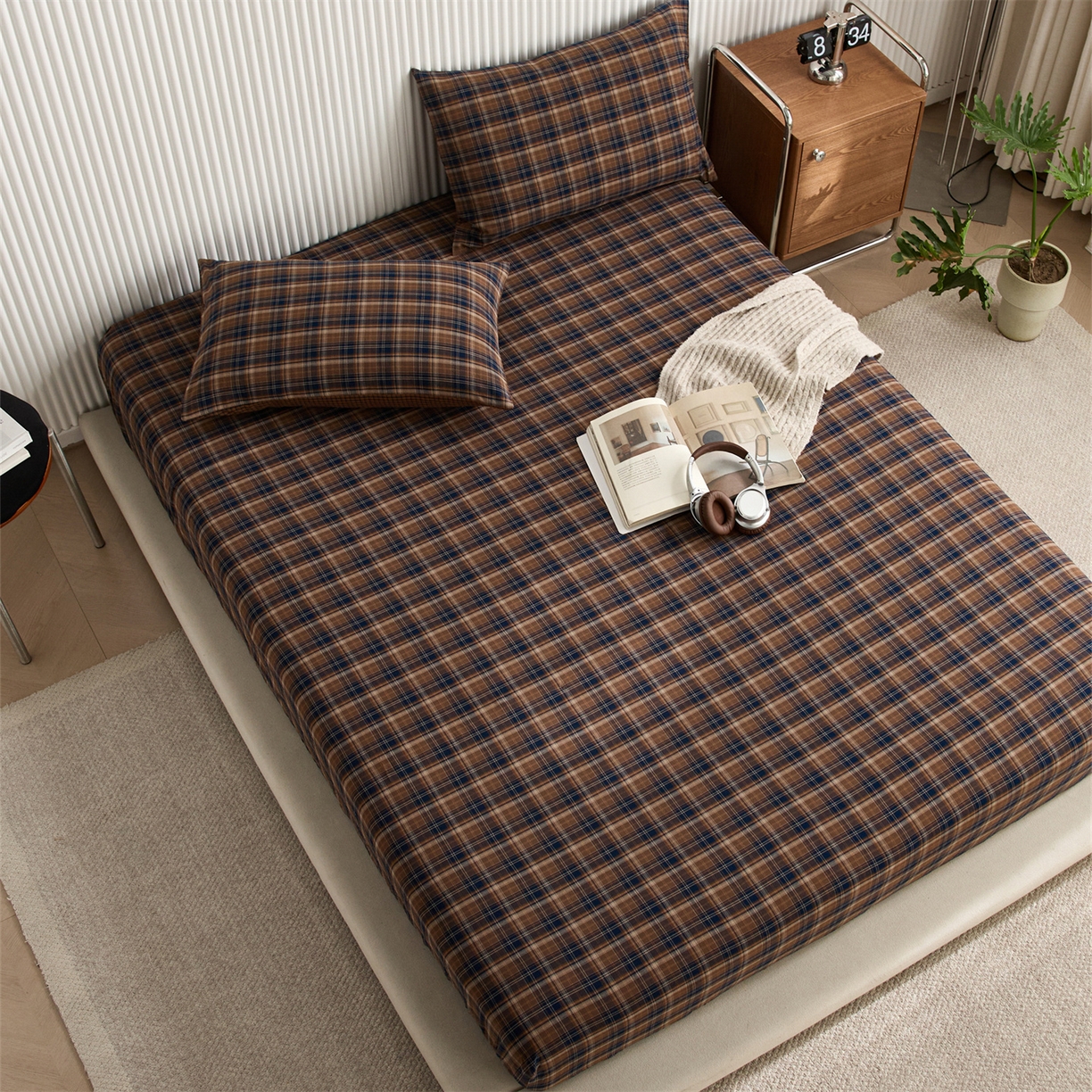 91家纺网 家纺一手货源 找家纺 启程家纺 2026新款纯棉水洗棉复古大格系列多规格纯棉床笠 苏格兰藏蓝大格