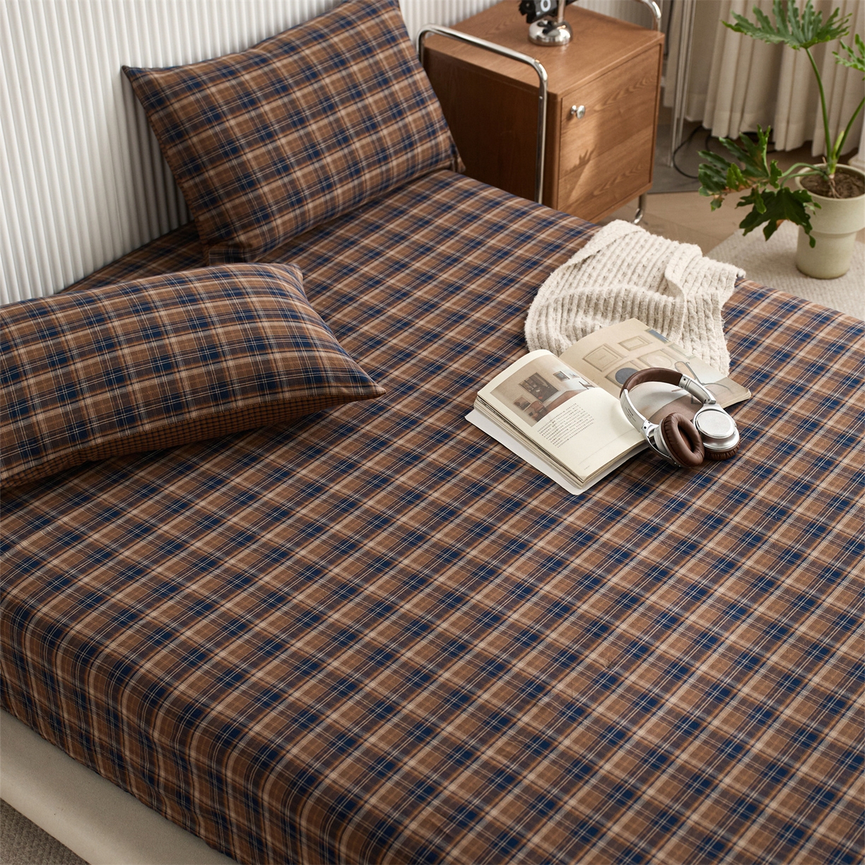 91家纺网 家纺一手货源 找家纺 启程家纺 2026新款纯棉水洗棉复古大格系列多规格纯棉床笠 苏格兰藏蓝大格