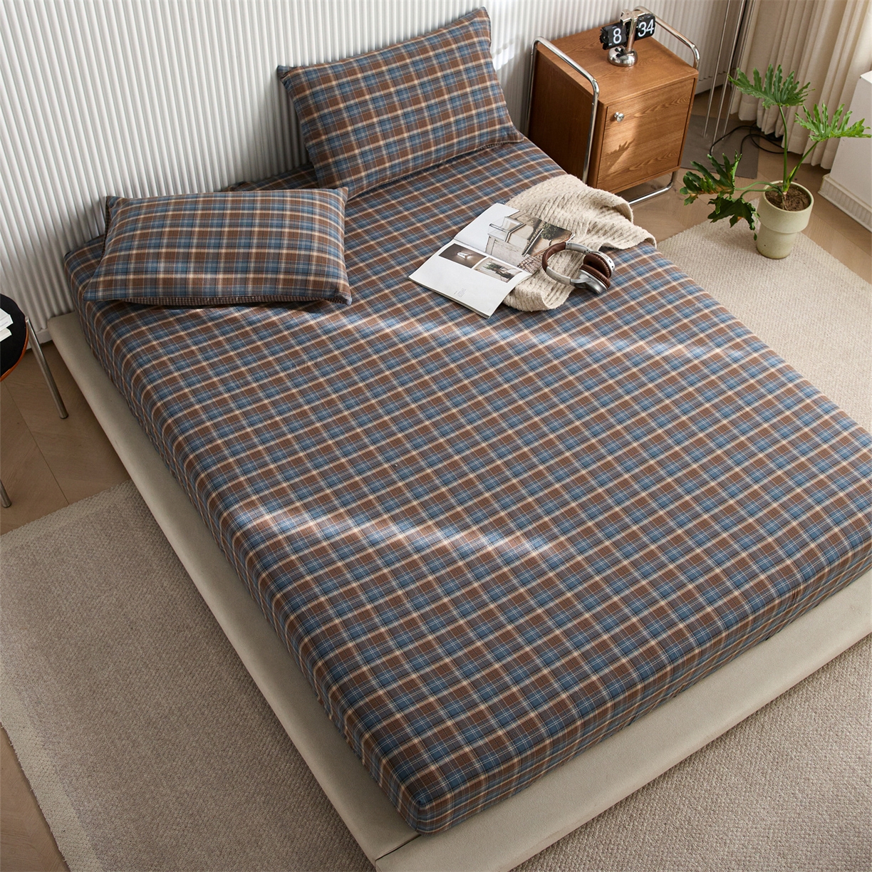 91家纺网 家纺一手货源 找家纺 启程家纺 2026新款纯棉水洗棉复古大格系列多规格纯棉床笠 苏格兰蓝大格