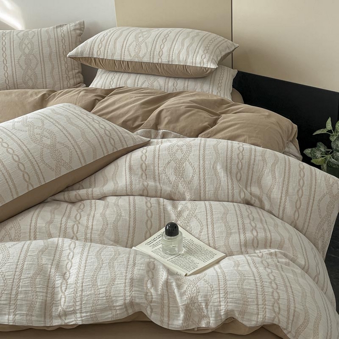 91家纺网 家纺一手货源 找家纺 ab家纺 2026新款全棉纯棉三层纱提花四件套 暖阳-咖