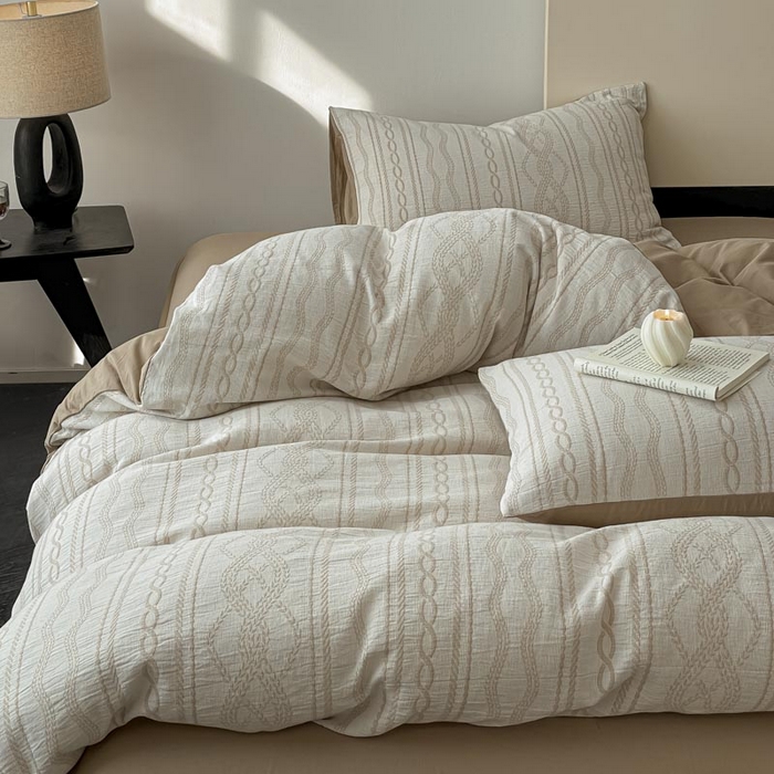 91家纺网 家纺一手货源 找家纺 ab家纺 2026新款全棉纯棉三层纱提花四件套 暖阳-咖