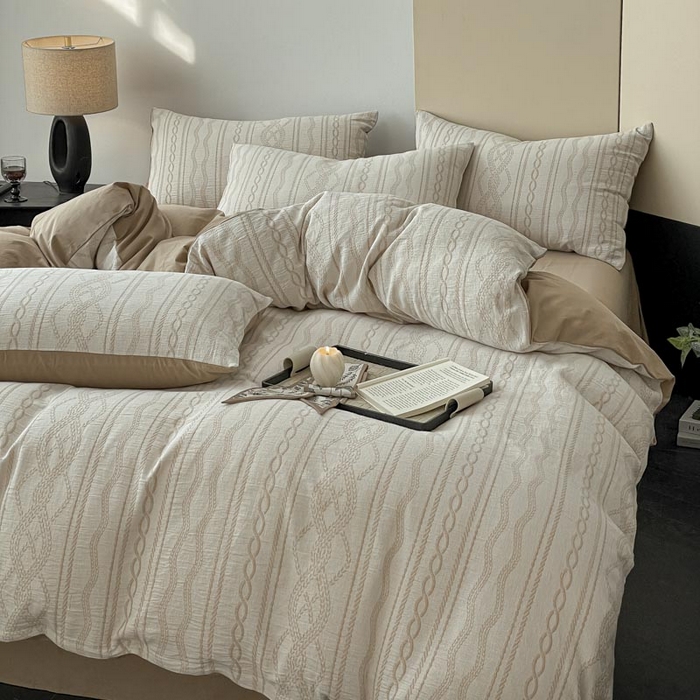 91家纺网 家纺一手货源 找家纺 ab家纺 2026新款全棉纯棉三层纱提花四件套 暖阳-咖