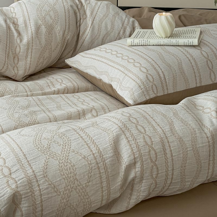 91家纺网 家纺一手货源 找家纺 ab家纺 2026新款全棉纯棉三层纱提花四件套 暖阳-咖