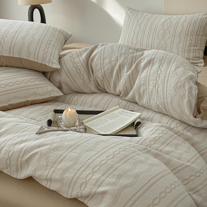 91家纺网 家纺一手货源 找家纺 ab家纺 2026新款全棉纯棉三层纱提花四件套 暖阳-咖