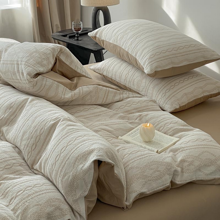 91家纺网 家纺一手货源 找家纺 ab家纺 2026新款全棉纯棉三层纱提花四件套 暖阳-咖