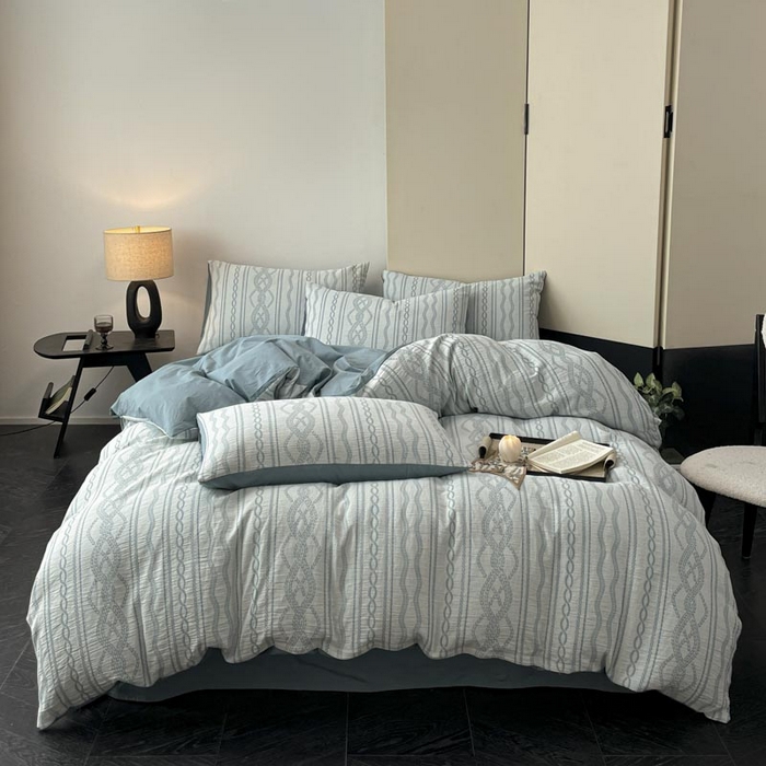 91家纺网 家纺一手货源 找家纺 ab家纺 2026新款全棉纯棉三层纱提花四件套 暖阳-兰