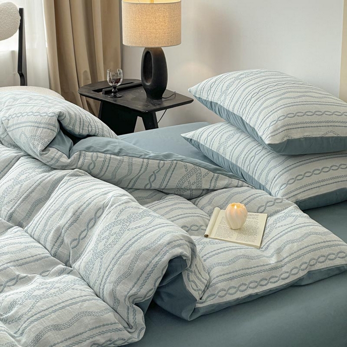 91家纺网 家纺一手货源 找家纺 ab家纺 2026新款全棉纯棉三层纱提花四件套 暖阳-兰