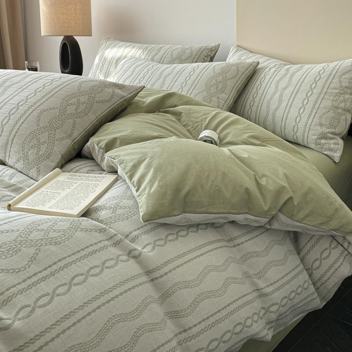 91家纺网 家纺一手货源 找家纺 ab家纺 2026新款全棉纯棉三层纱提花四件套 暖阳-浅绿