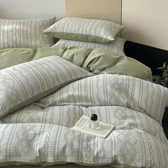 91家纺网 家纺一手货源 找家纺 ab家纺 2026新款全棉纯棉三层纱提花四件套 暖阳-浅绿