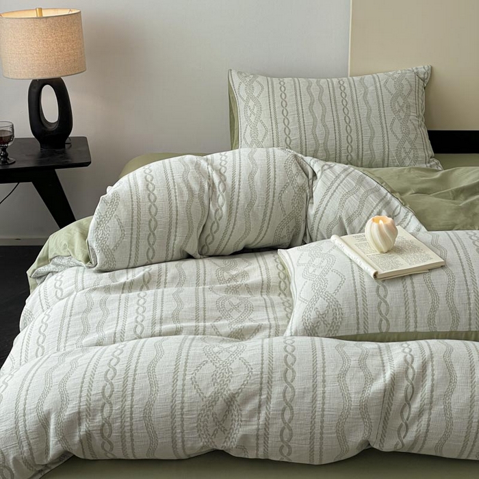 91家纺网 家纺一手货源 找家纺 ab家纺 2026新款全棉纯棉三层纱提花四件套 暖阳-浅绿