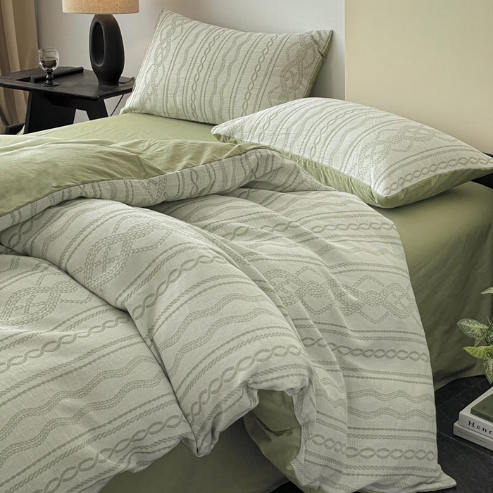 91家纺网 家纺一手货源 找家纺 ab家纺 2026新款全棉纯棉三层纱提花四件套 暖阳-浅绿