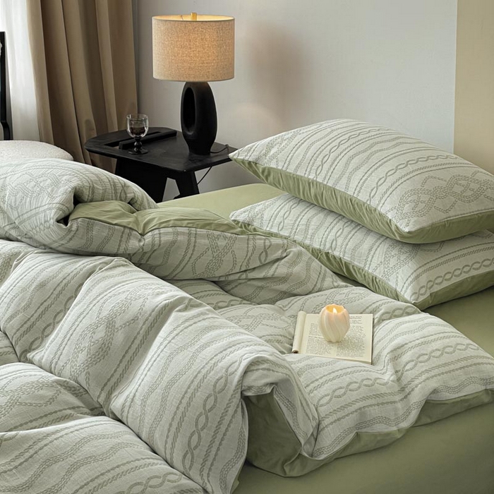 91家纺网 家纺一手货源 找家纺 ab家纺 2026新款全棉纯棉三层纱提花四件套 暖阳-浅绿