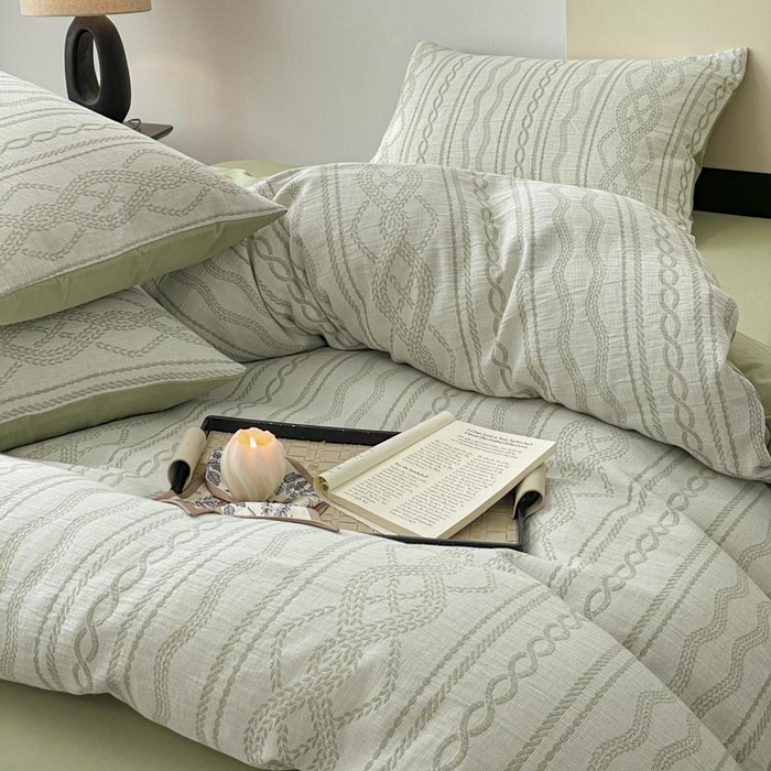 91家纺网 家纺一手货源 找家纺 ab家纺 2026新款全棉纯棉三层纱提花四件套 暖阳-浅绿