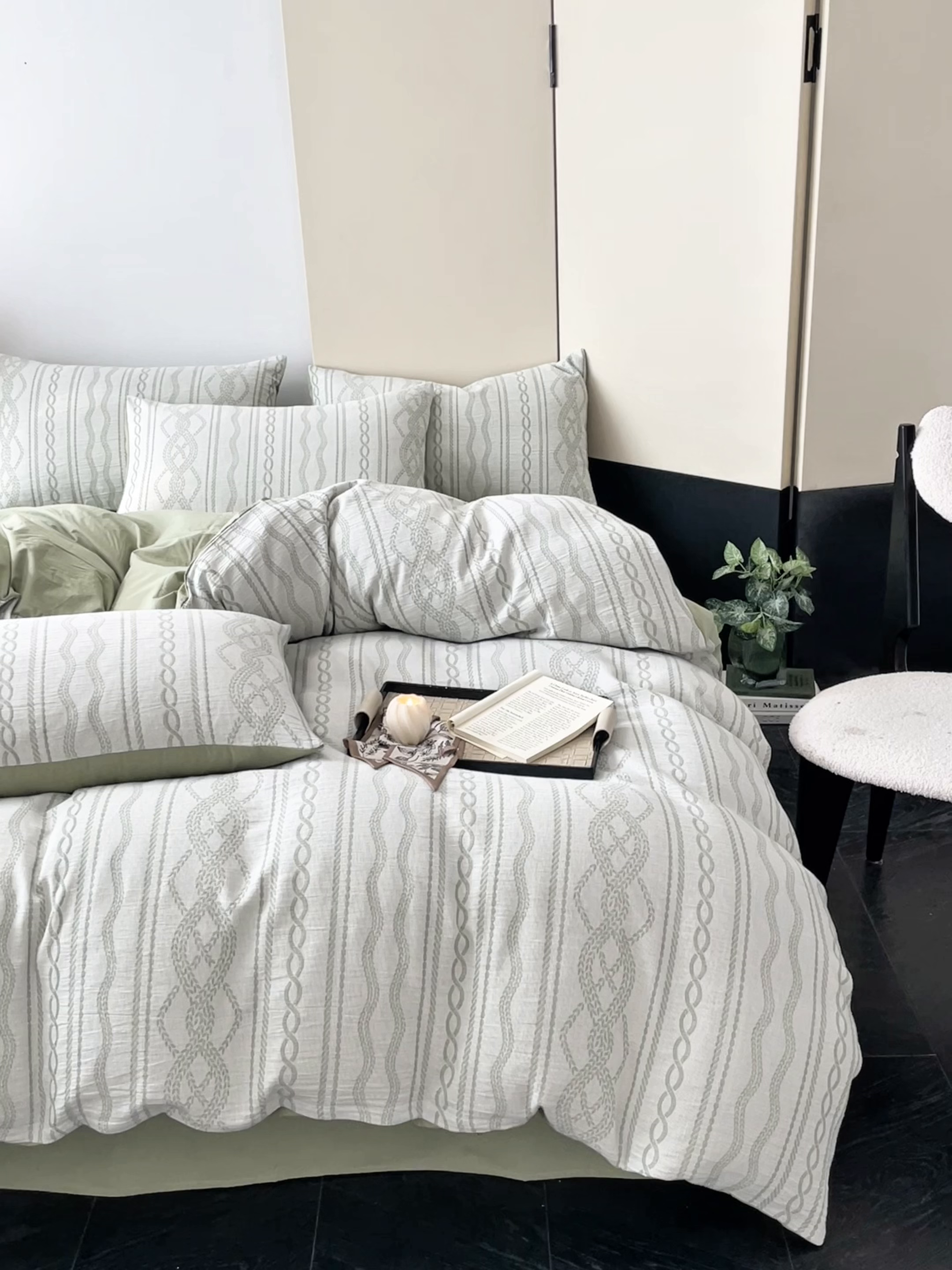 91家纺网 家纺一手货源 找家纺 ab家纺 2026新款全棉纯棉三层纱提花四件套 暖阳-浅绿