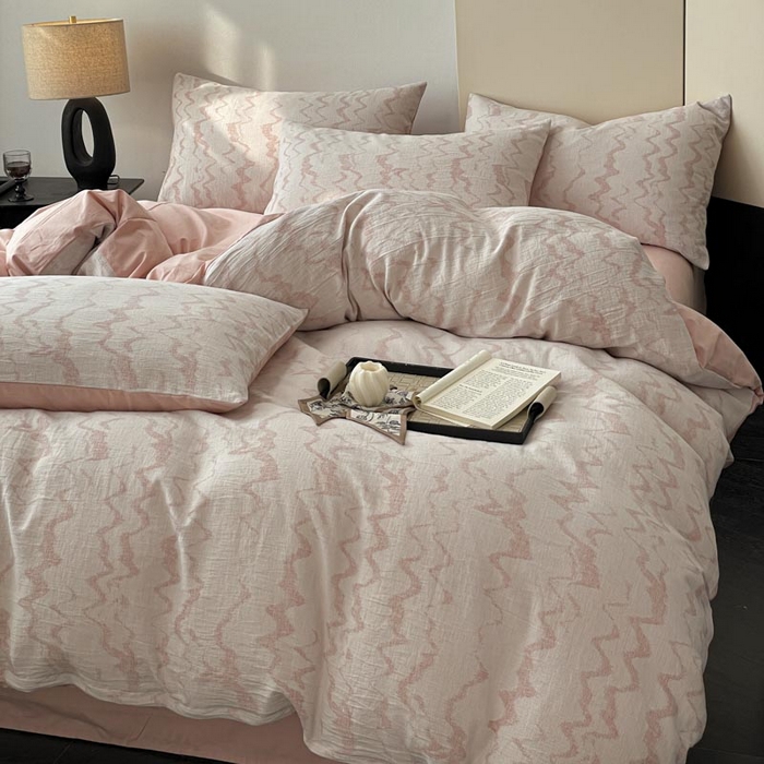 91家纺网 家纺一手货源 找家纺 ab家纺 2026新款全棉纯棉三层纱提花四件套 素影-豆沙