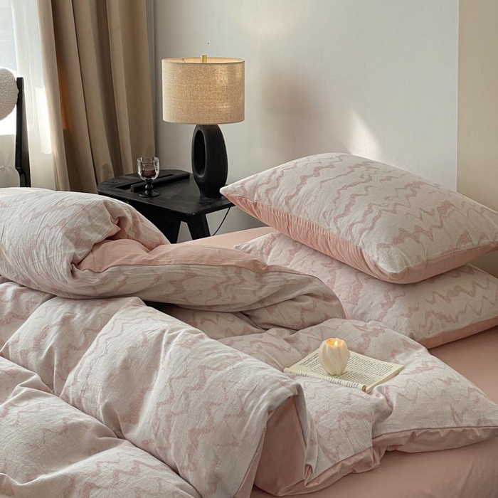 91家纺网 家纺一手货源 找家纺 ab家纺 2026新款全棉纯棉三层纱提花四件套 素影-豆沙