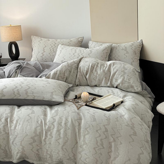 91家纺网 家纺一手货源 找家纺 ab家纺 2026新款全棉纯棉三层纱提花四件套 素影-灰