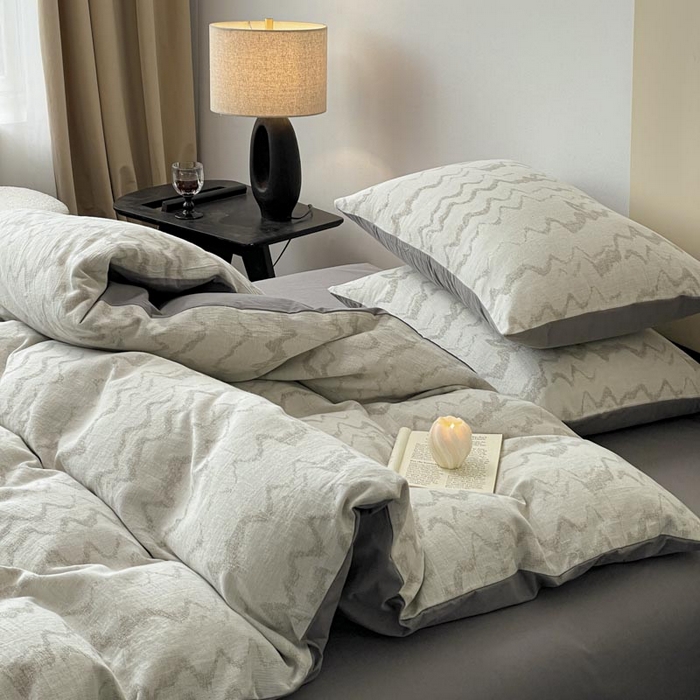 91家纺网 家纺一手货源 找家纺 ab家纺 2026新款全棉纯棉三层纱提花四件套 素影-灰