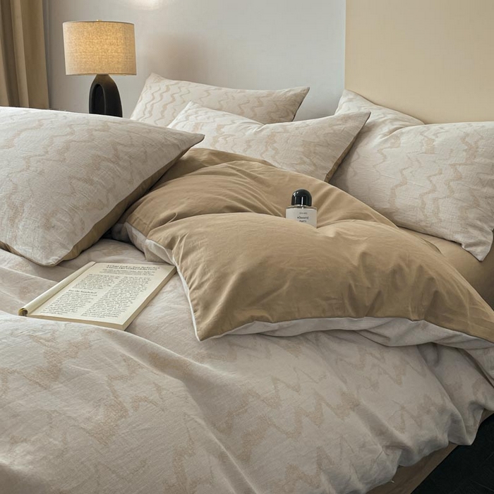 91家纺网 家纺一手货源 找家纺 ab家纺 2026新款全棉纯棉三层纱提花四件套 素影-咖