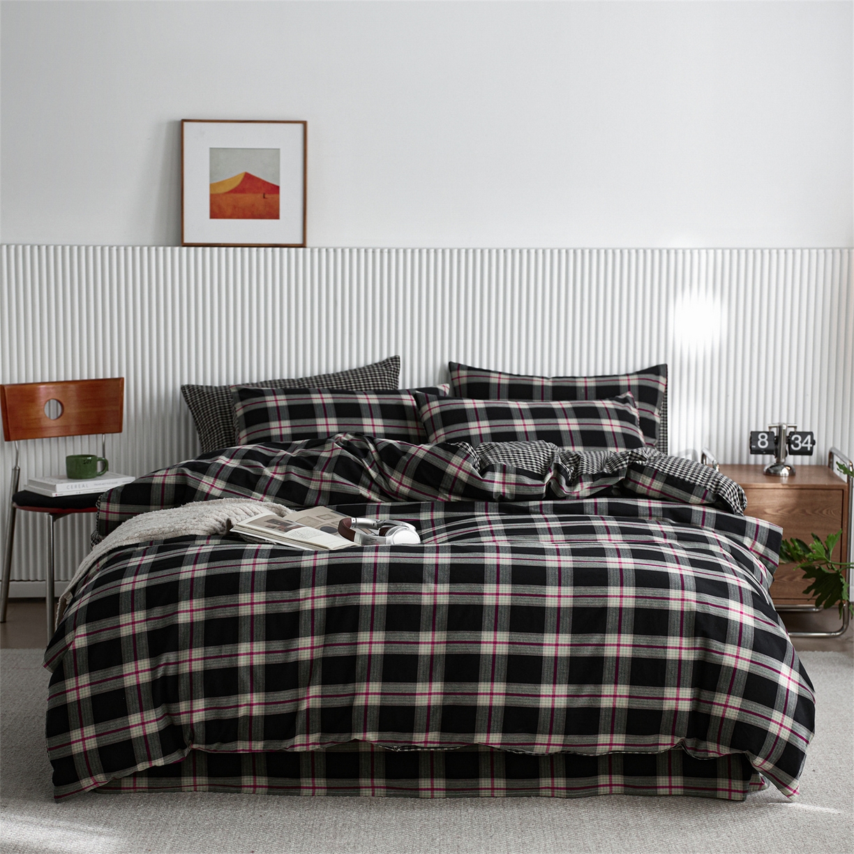 91家纺网 家纺一手货源 找家纺 启程家纺 2026新款纯棉水洗棉复古大格系列多规格纯棉单被套 摩登大黑