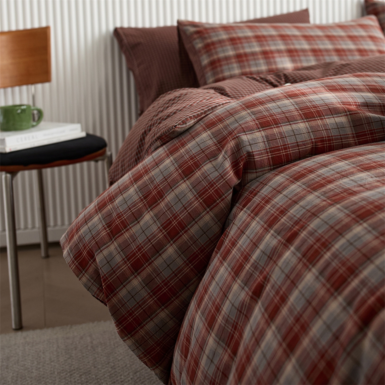 91家纺网 家纺一手货源 找家纺 启程家纺 2026新款纯棉水洗棉复古大格系列多规格纯棉单被套 苏格兰红大格