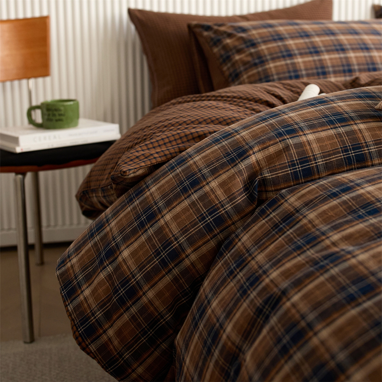 91家纺网 家纺一手货源 找家纺 启程家纺 2026新款纯棉水洗棉复古大格系列多规格纯棉单被套 苏格兰藏蓝大格