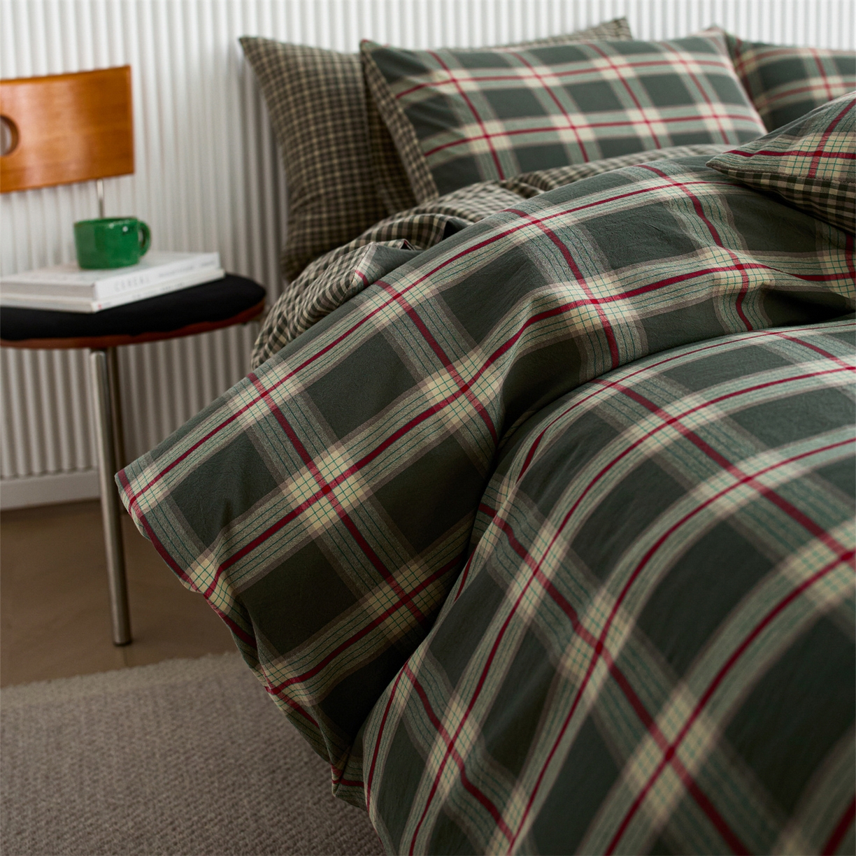 91家纺网 家纺一手货源 找家纺 启程家纺 2026新款纯棉水洗棉复古大格系列多规格纯棉单被套 摩登大绿