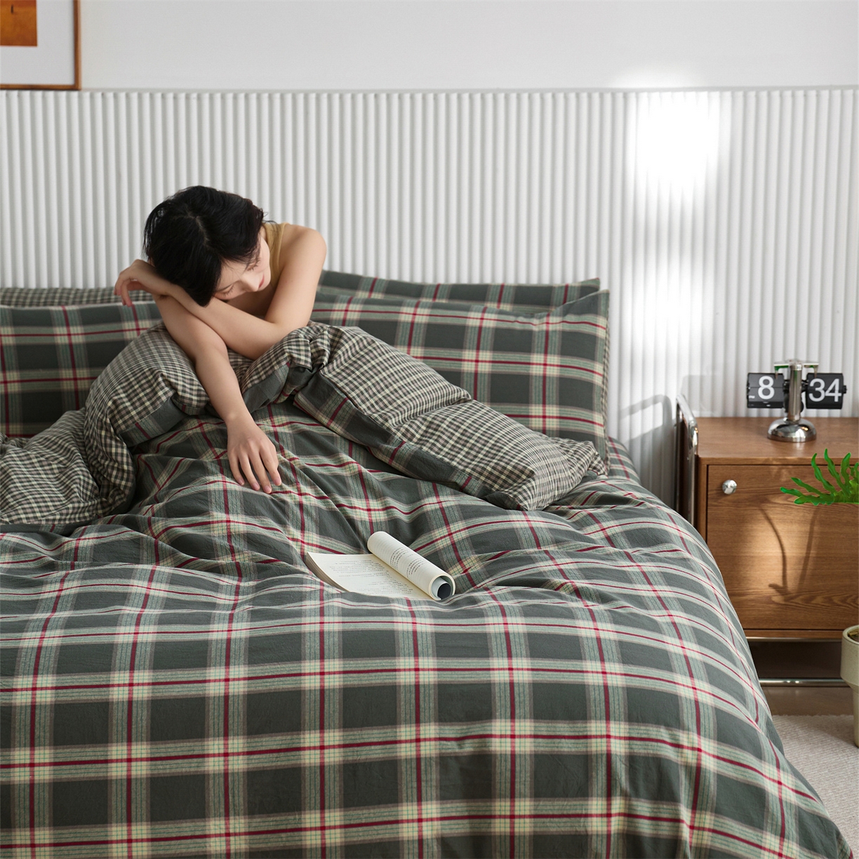 91家纺网 家纺一手货源 找家纺 启程家纺 2026新款纯棉水洗棉复古大格系列多规格纯棉单被套 摩登大绿