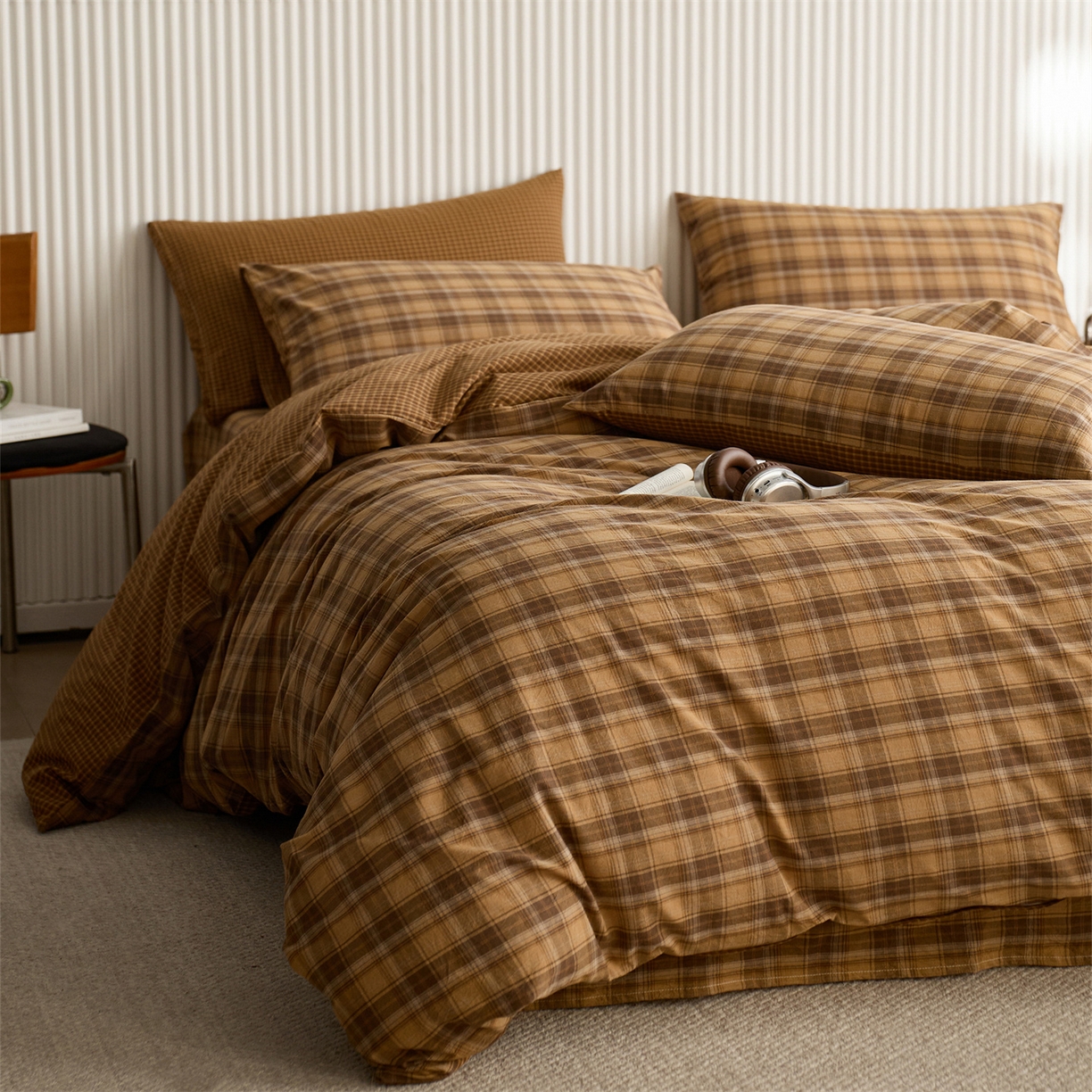 91家纺网 家纺一手货源 找家纺 启程家纺 2026新款纯棉水洗棉复古大格系列多规格纯棉单被套 苏格兰黄大格